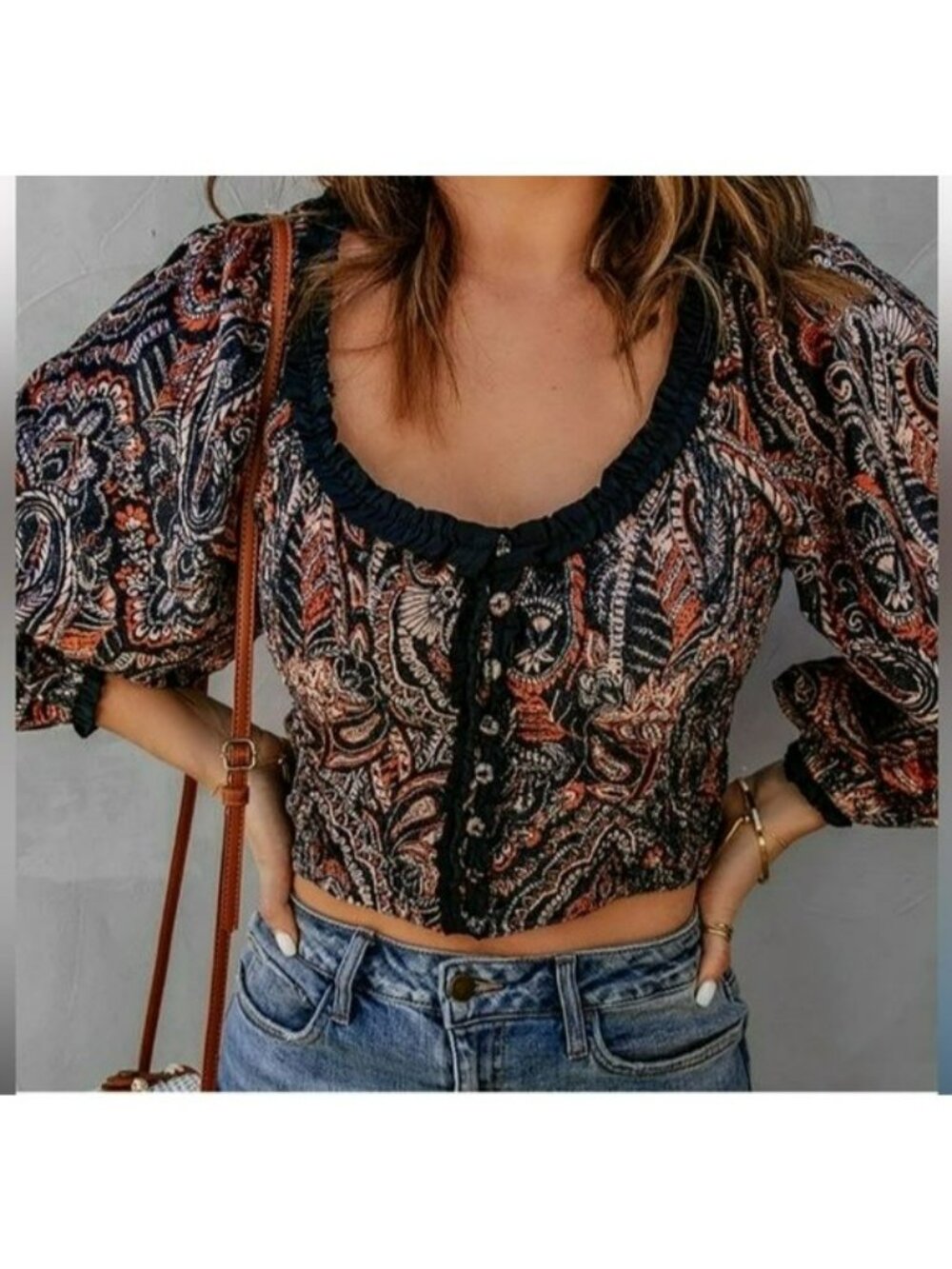 Free People Dare Me Velvet Puff Sleeve Blouse Milkmaid Paisley Blue Orange Boho - Picture 1 of 14